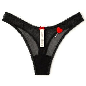 Tease Black Lace Thong Panty with Red Heart Detail